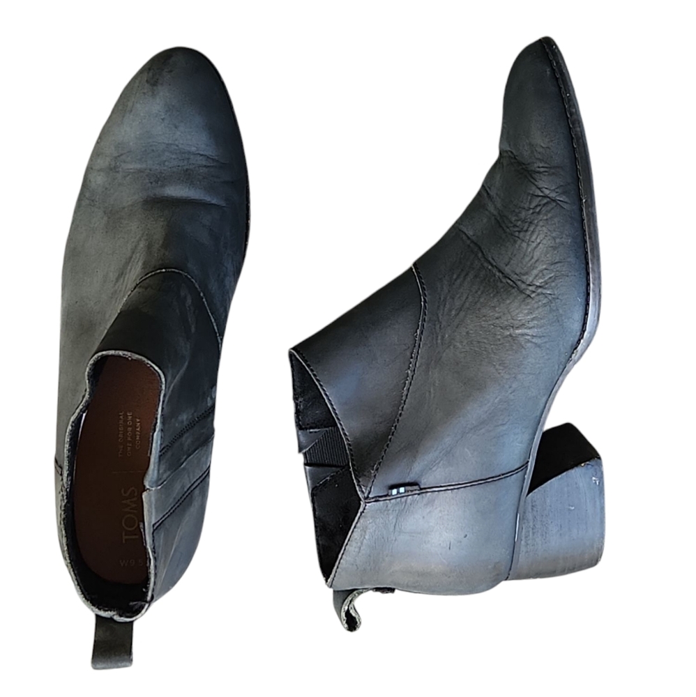 TOMS Women's 9.5 Leilani Block Heel Almond Toe Bootie Boots Black Nubuck Leather